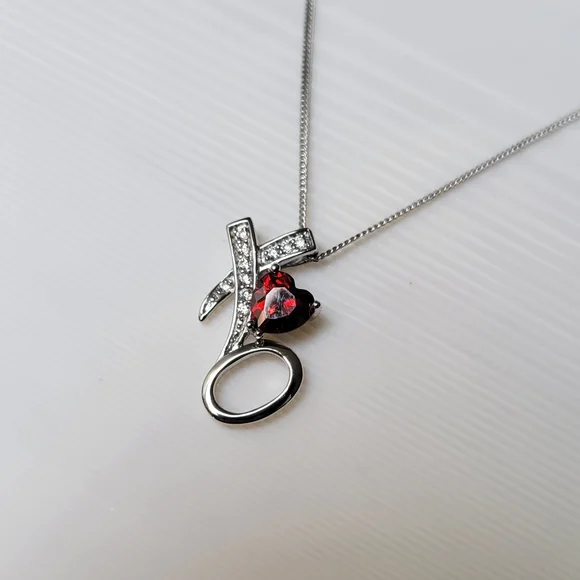 Genuine Diamonds and Garnet Pendant Sterling Silver Necklace 18" - Picture 3 of 9